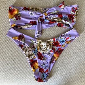 Purple tropical print bandeau bikini set